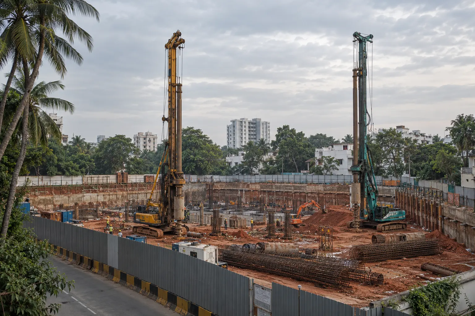 Site in excavation, two piling rigs working in the pit
