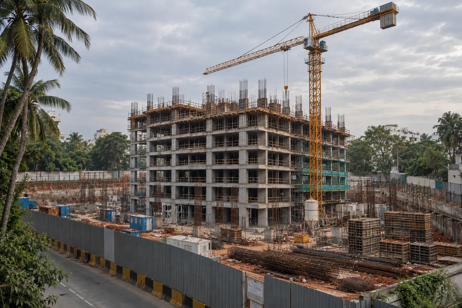 The concrete frame at nine floors with formwork and a tower crane