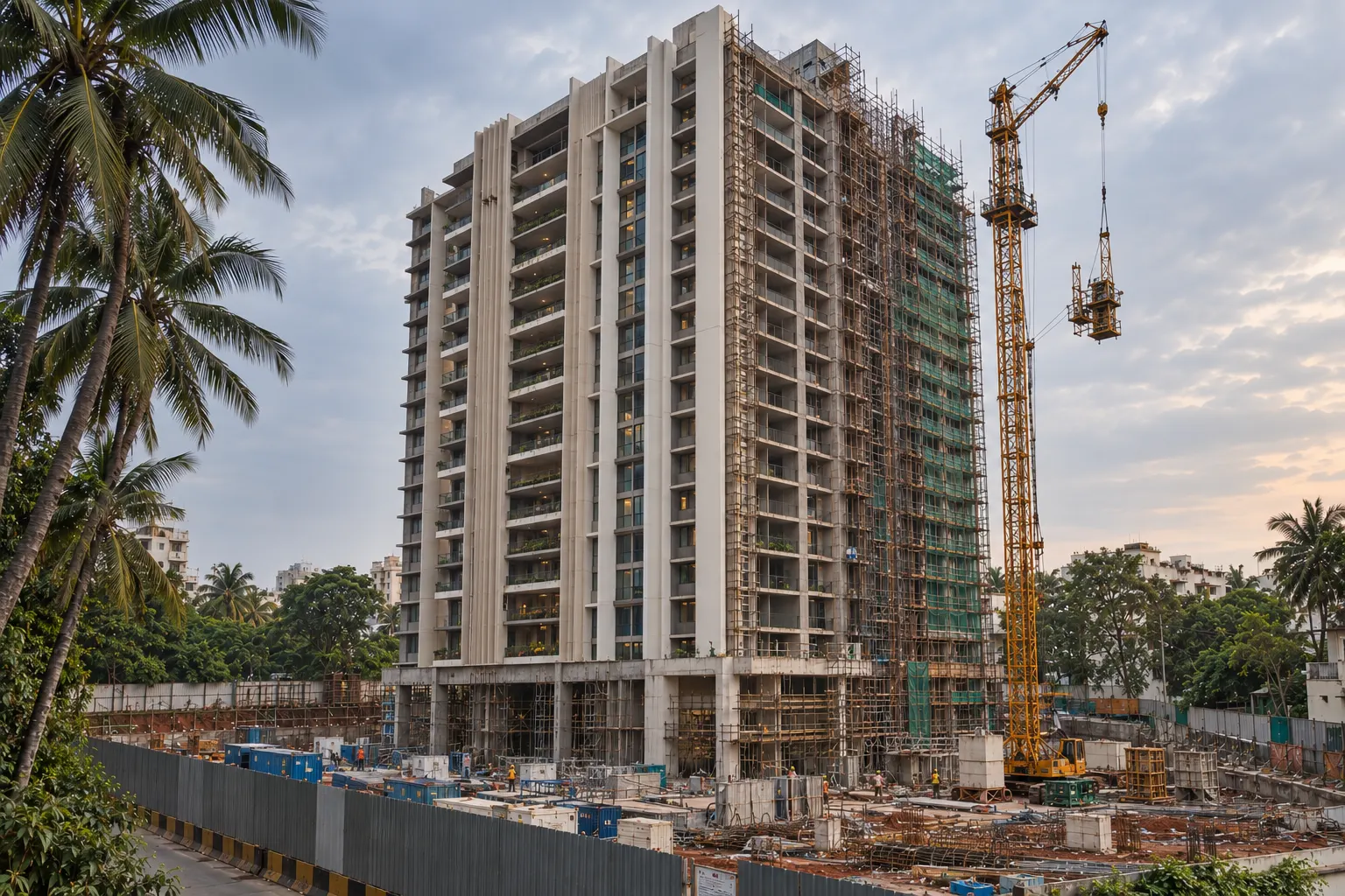 The tower topped out with the facade fins nearly complete and scaffolding on one face