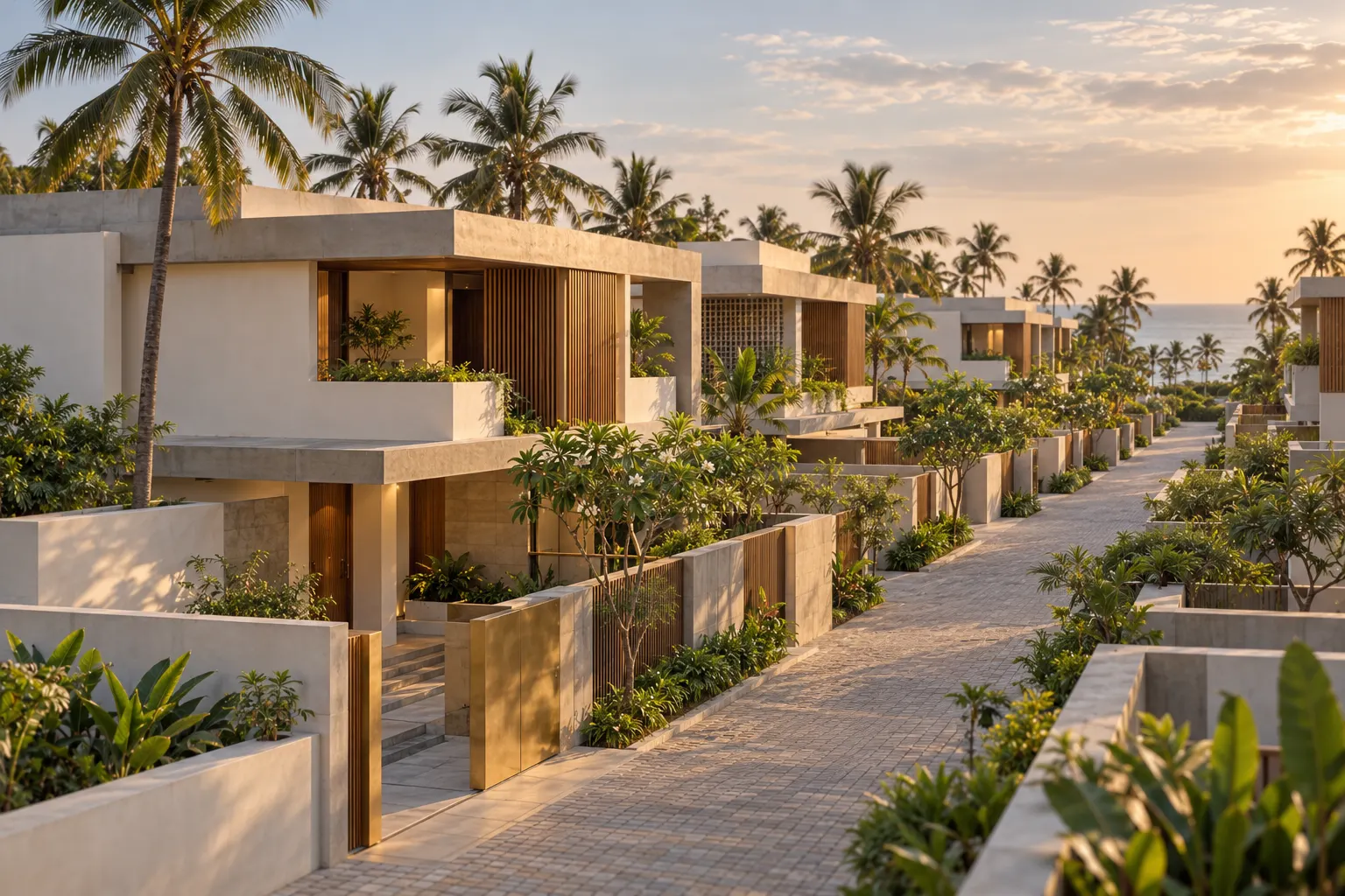 Tidewater, two-storey lime-plaster villas with courtyards on East Coast Road