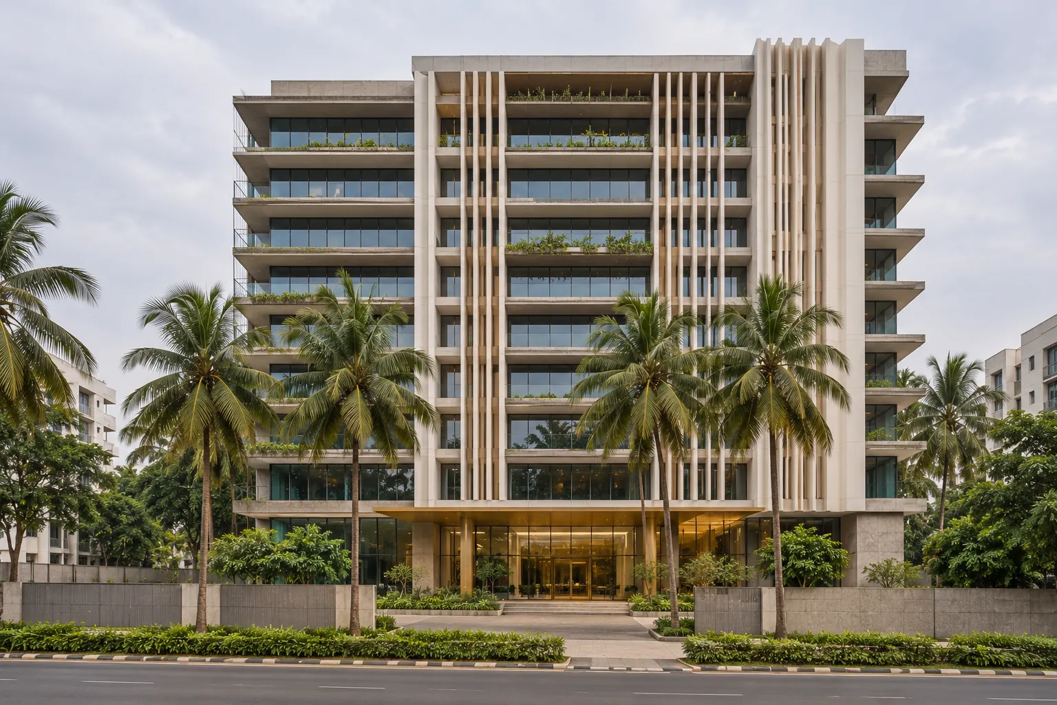Meridian Works, a nine-storey office on OMR with deep concrete sunshades