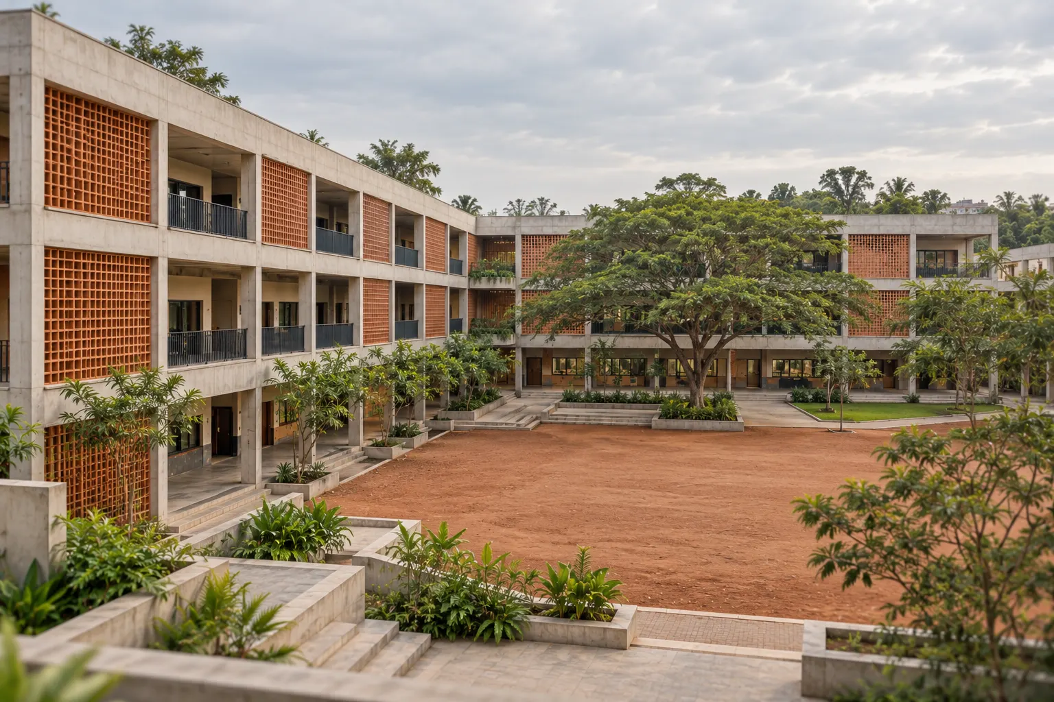A three-storey school with terracotta screens around a courtyard