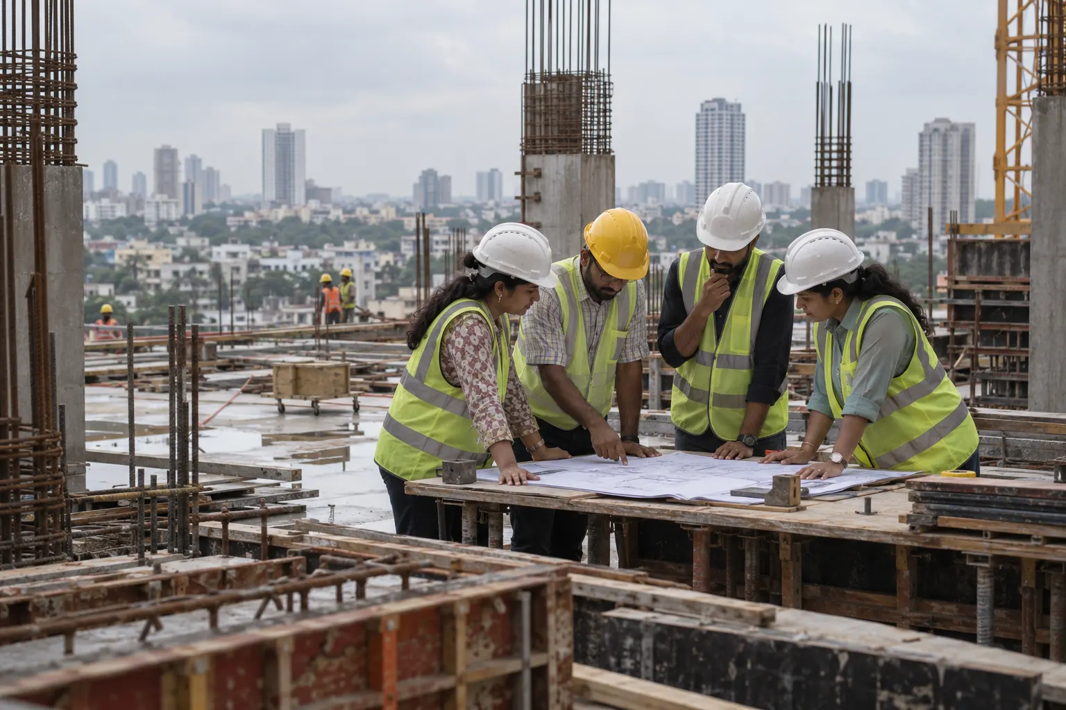 Four Sthala site engineers in hard hats reviewing a drawing on a floor slab