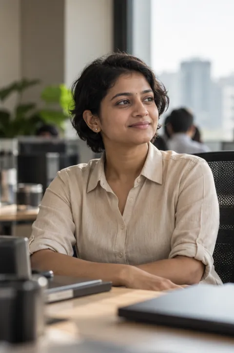 Divya Hegde at her desk in Bengaluru