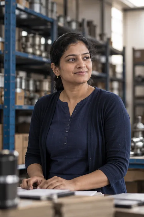 Sneha Kulkarni at her desk in a Pune warehouse office
