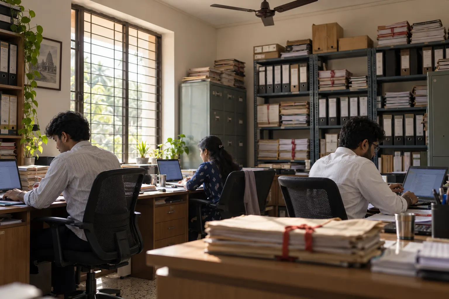 A chartered accountant’s office in Chennai with box files, laptops and article assistants at work