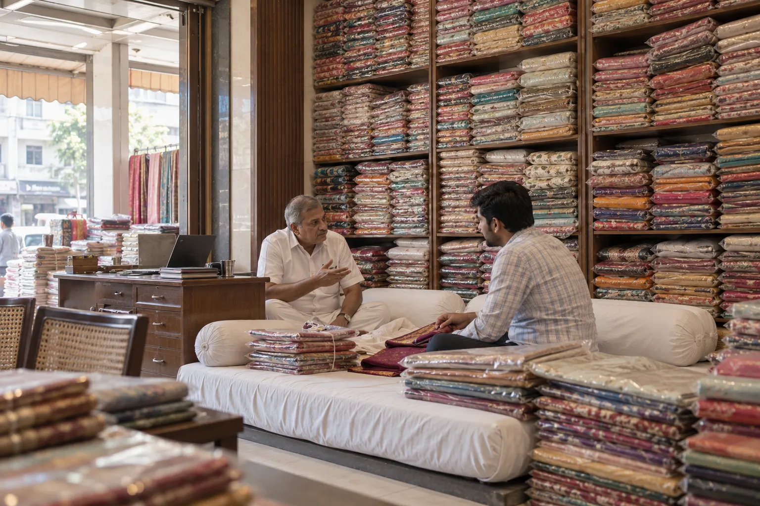 Inside a wholesale textile shop in Surat, with stacked fabric bundles and a trader at the accounts desk
